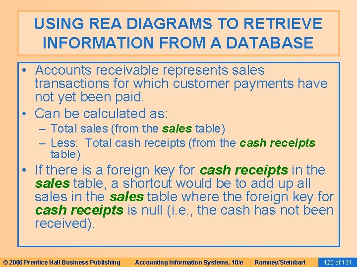 USING REA DIAGRAMS TO RETRIEVE INFORMATION FROM A DATABASE • Accounts receivable represents sales