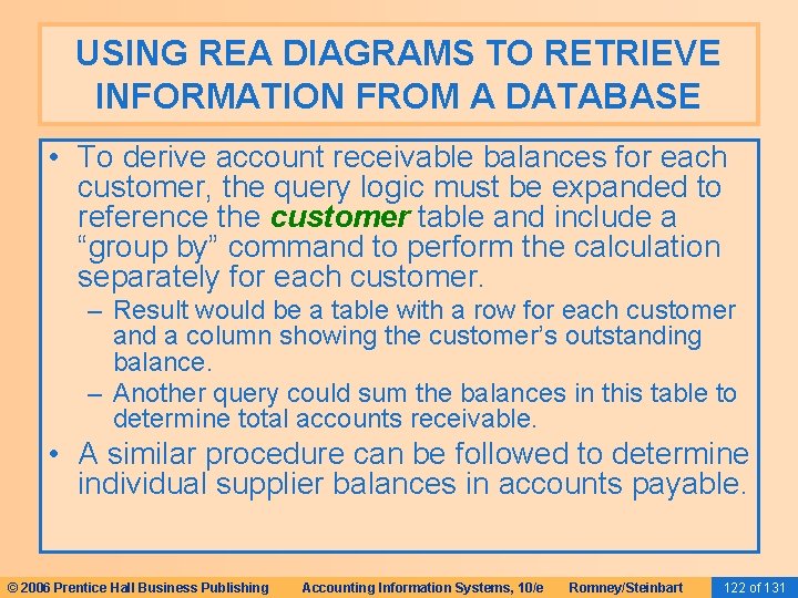 USING REA DIAGRAMS TO RETRIEVE INFORMATION FROM A DATABASE • To derive account receivable