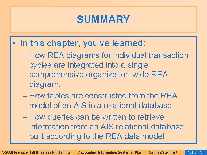 SUMMARY • In this chapter, you’ve learned: – How REA diagrams for individual transaction
