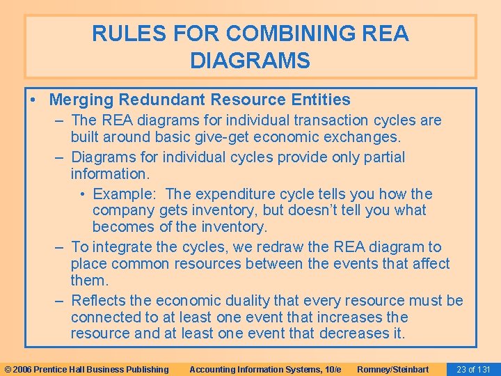 RULES FOR COMBINING REA DIAGRAMS • Merging Redundant Resource Entities – The REA diagrams