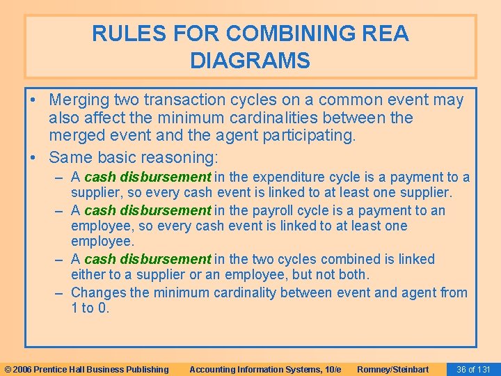 RULES FOR COMBINING REA DIAGRAMS • Merging two transaction cycles on a common event