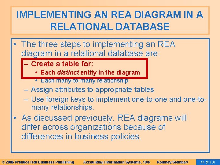 IMPLEMENTING AN REA DIAGRAM IN A RELATIONAL DATABASE • The three steps to implementing