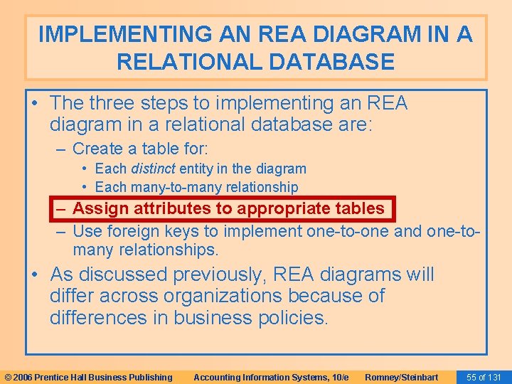 IMPLEMENTING AN REA DIAGRAM IN A RELATIONAL DATABASE • The three steps to implementing