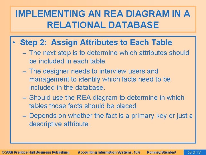 IMPLEMENTING AN REA DIAGRAM IN A RELATIONAL DATABASE • Step 2: Assign Attributes to