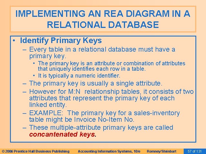 IMPLEMENTING AN REA DIAGRAM IN A RELATIONAL DATABASE • Identify Primary Keys – Every