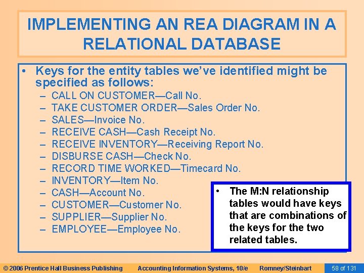 IMPLEMENTING AN REA DIAGRAM IN A RELATIONAL DATABASE • Keys for the entity tables