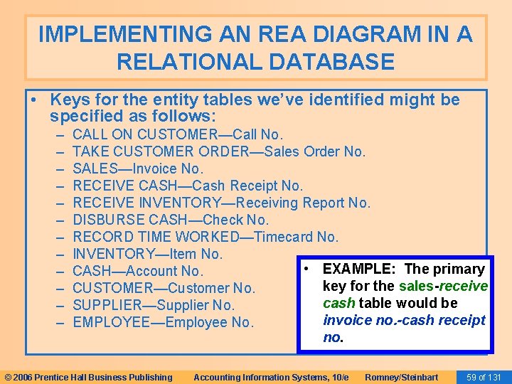 IMPLEMENTING AN REA DIAGRAM IN A RELATIONAL DATABASE • Keys for the entity tables