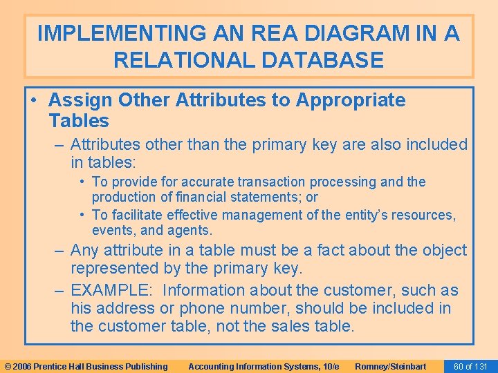 IMPLEMENTING AN REA DIAGRAM IN A RELATIONAL DATABASE • Assign Other Attributes to Appropriate