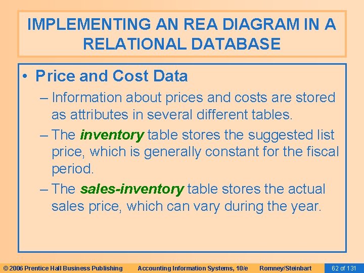 IMPLEMENTING AN REA DIAGRAM IN A RELATIONAL DATABASE • Price and Cost Data –