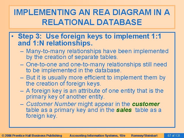 IMPLEMENTING AN REA DIAGRAM IN A RELATIONAL DATABASE • Step 3: Use foreign keys