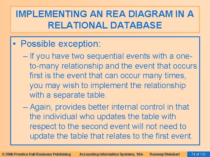 IMPLEMENTING AN REA DIAGRAM IN A RELATIONAL DATABASE • Possible exception: – If you