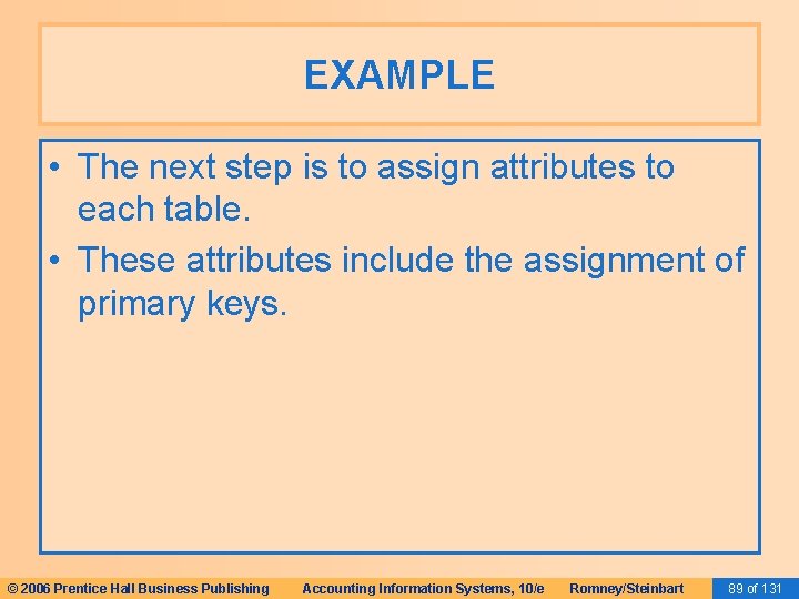EXAMPLE • The next step is to assign attributes to each table. • These