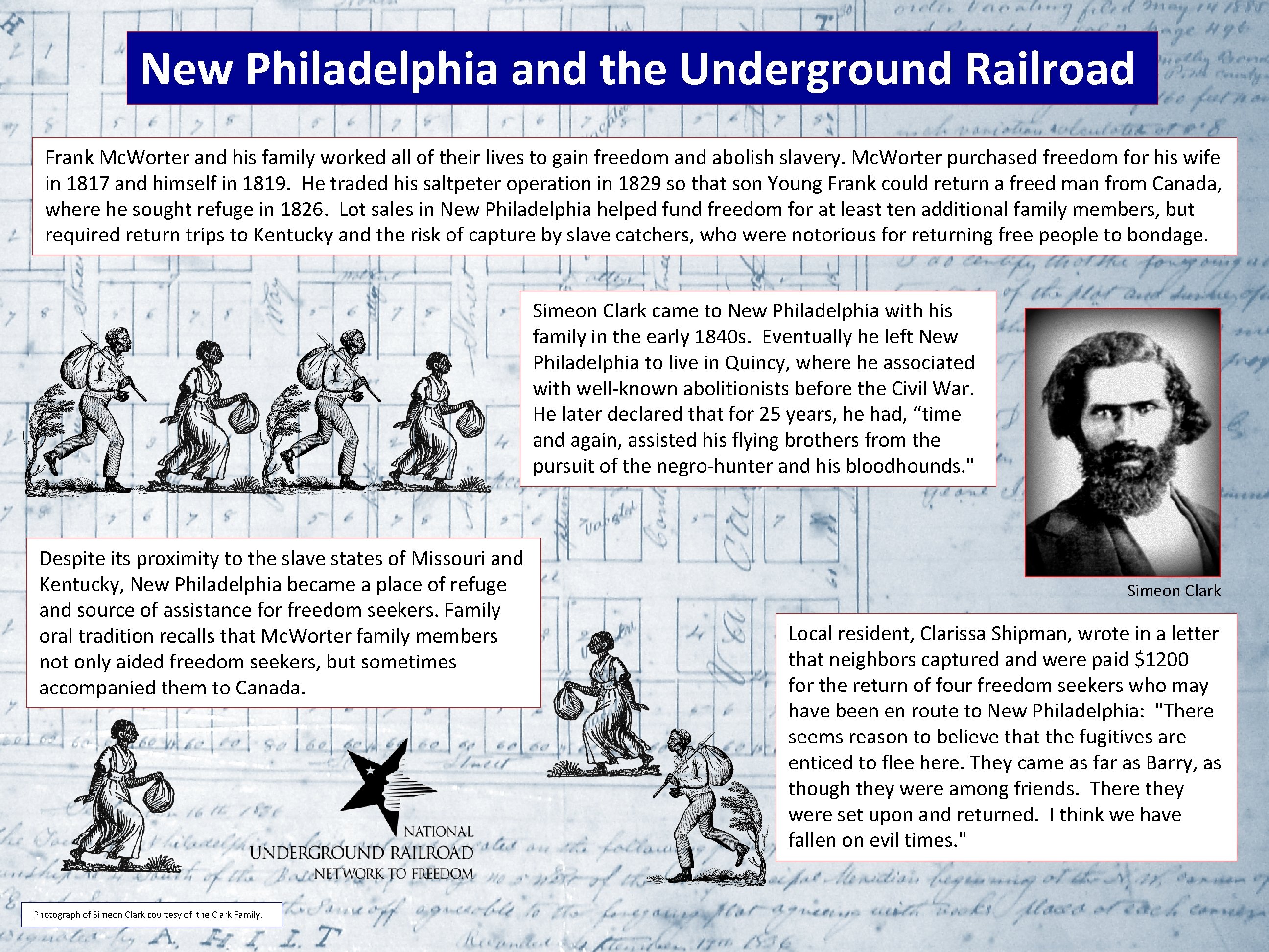 New Philadelphia and the Underground Railroad Frank Mc. Worter and his family worked all