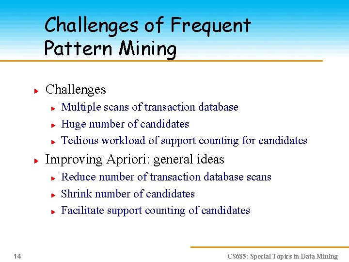 Challenges of Frequent Pattern Mining Challenges Multiple scans of transaction database Huge number of