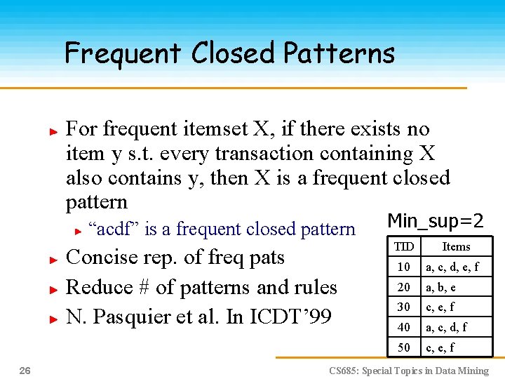 Frequent Closed Patterns For frequent itemset X, if there exists no item y s.