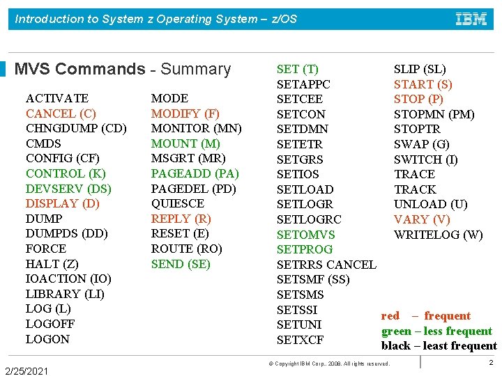 Introduction to System z Operating System – z/OS MVS Commands - Summary ACTIVATE CANCEL