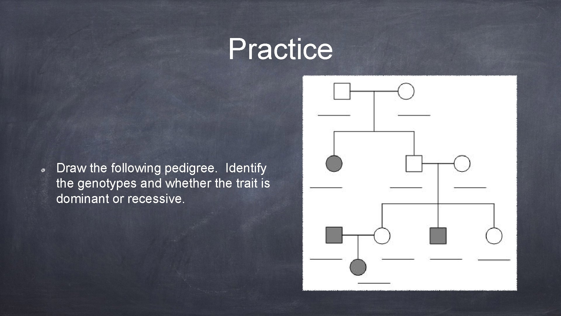 Practice Draw the following pedigree. Identify the genotypes and whether the trait is dominant