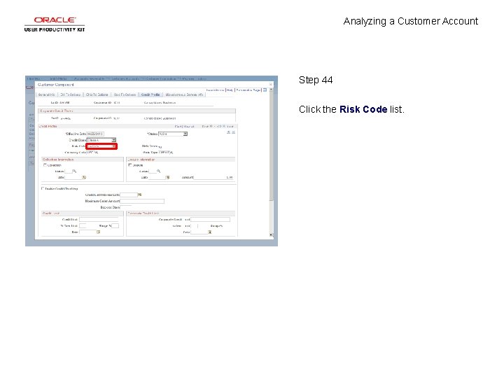 Analyzing a Customer Account Step 44 Click the Risk Code list. 