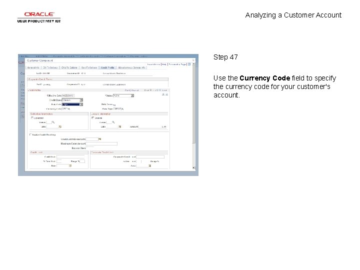 Analyzing a Customer Account Step 47 Use the Currency Code field to specify the