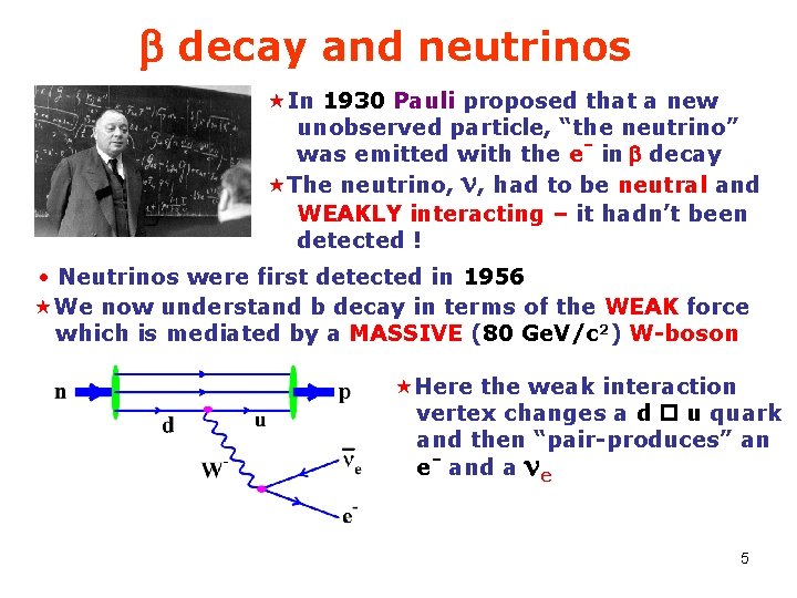 b decay and neutrinos «In 1930 Pauli proposed that a new unobserved particle, “the