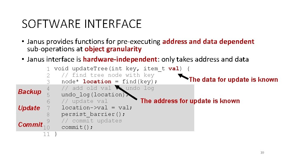 SOFTWARE INTERFACE • Janus provides functions for pre-executing address and data dependent sub-operations at