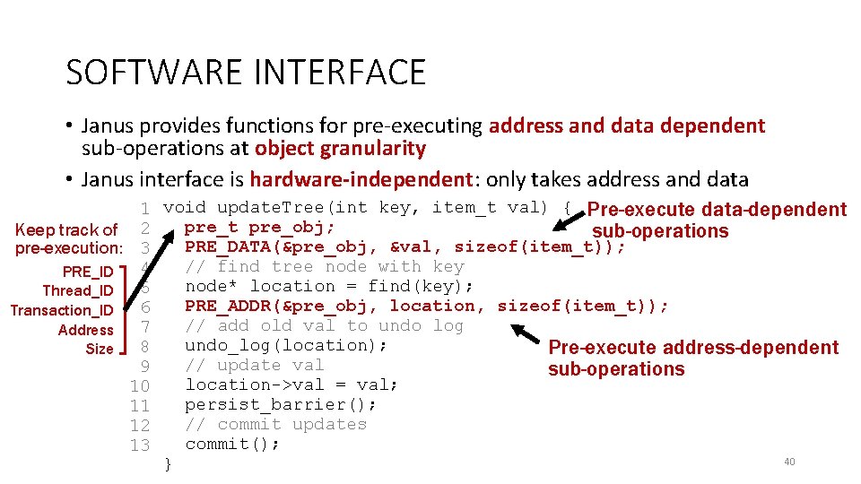 SOFTWARE INTERFACE • Janus provides functions for pre-executing address and data dependent sub-operations at