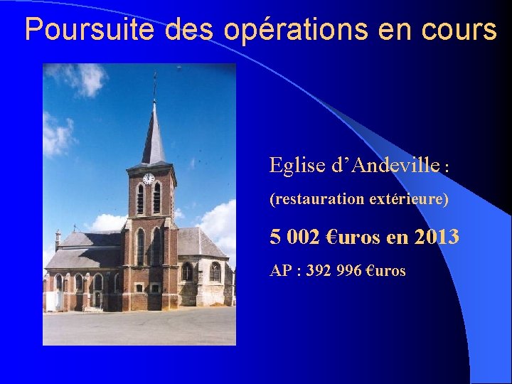Poursuite des opérations en cours Eglise d’Andeville : (restauration extérieure) 5 002 €uros en