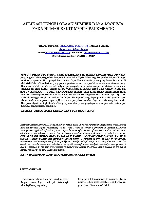 APLIKASI PENGELOLAAN SUMBER DAYA MANUSIA PADA RUMAH SAKIT MYRIA PALEMBANG Yohanes Putra Adi (yohanesadi