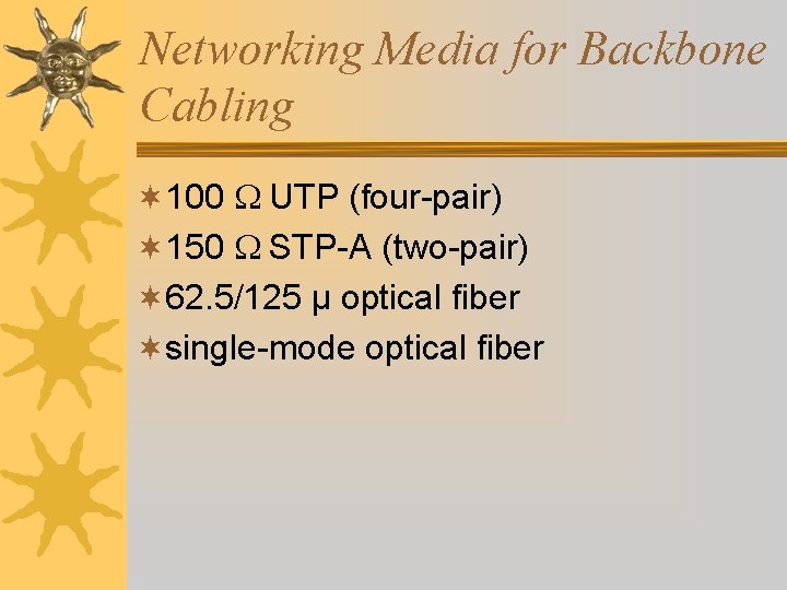 Networking Media for Backbone Cabling ¬ 100 W UTP (four-pair) ¬ 150 W STP-A