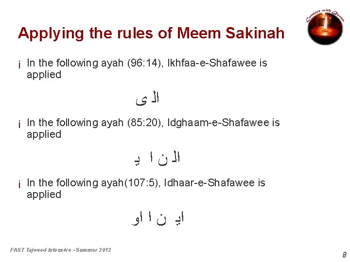 Applying the rules of Meem Sakinah ¡ In the following ayah (96: 14), Ikhfaa-e-Shafawee