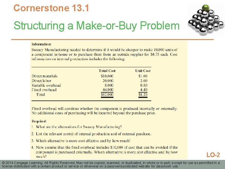 Cornerstone 13. 1 Structuring a Make-or-Buy Problem LO-2 © 2014 Cengage Learning. All Rights