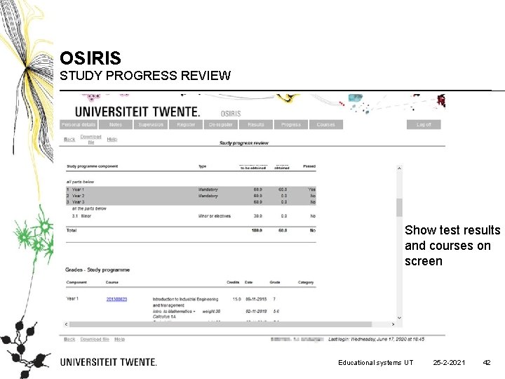 OSIRIS STUDY PROGRESS REVIEW Show test results and courses on screen Educational systems UT