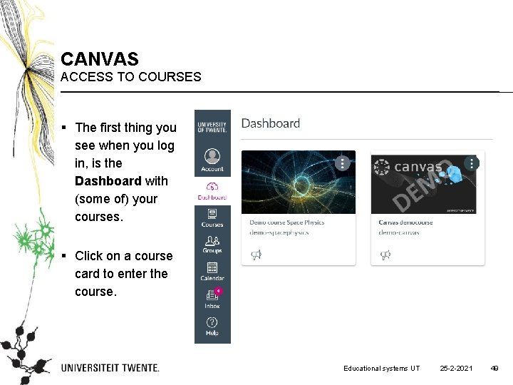 CANVAS ACCESS TO COURSES § The first thing you see when you log in,