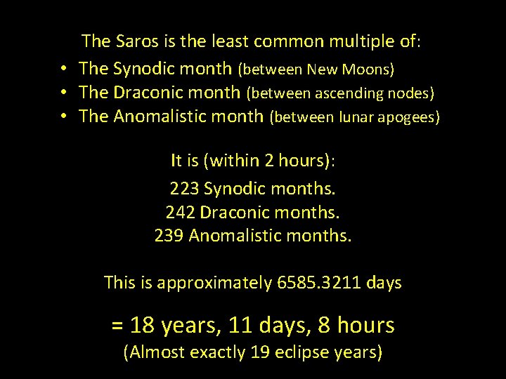 The Saros is the least common multiple of: • The Synodic month (between New