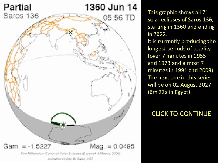 This graphic shows all 71 solar eclipses of Saros 136, starting in 1360 and