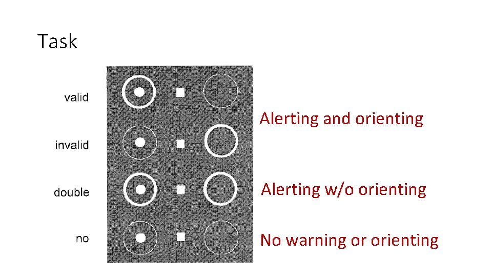 Task Alerting and orienting Alerting w/o orienting No warning or orienting 