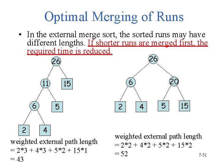 Optimal Merging of Runs • In the external merge sort, the sorted runs may