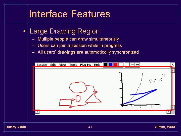 Interface Features • Large Drawing Region – Multiple people can draw simultaneously – Users Interface Features • Large Drawing Region – Multiple people can draw simultaneously – Users