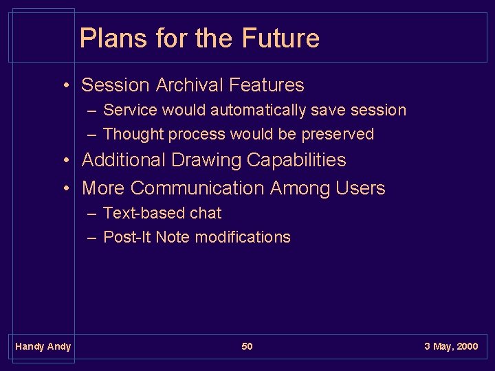 Plans for the Future • Session Archival Features – Service would automatically save session Plans for the Future • Session Archival Features – Service would automatically save session