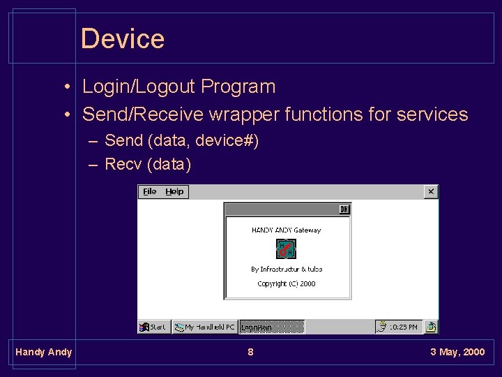 Device • Login/Logout Program • Send/Receive wrapper functions for services – Send (data, device#) Device • Login/Logout Program • Send/Receive wrapper functions for services – Send (data, device#)