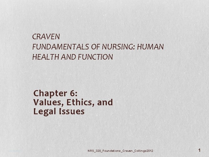 CRAVEN FUNDAMENTALS OF NURSING: HUMAN HEALTH AND FUNCTION Chapter 6: Values, Ethics, and Legal