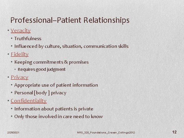 Professional–Patient Relationships • Veracity • Truthfulness • Influenced by culture, situation, communication skills •