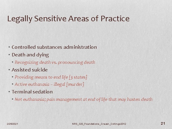 Legally Sensitive Areas of Practice • Controlled substances administration • Death and dying •