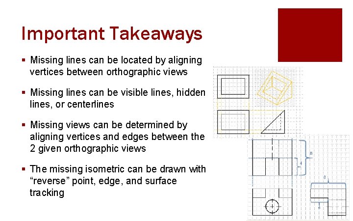 Important Takeaways § Missing lines can be located by aligning vertices between orthographic views