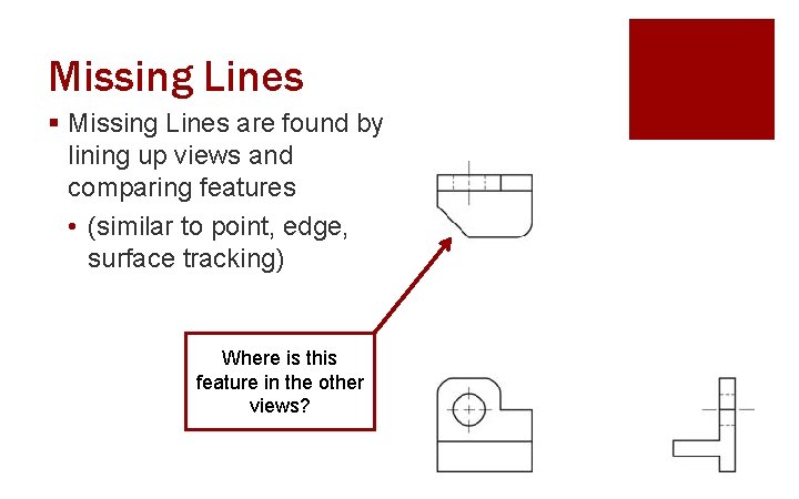 Missing Lines § Missing Lines are found by lining up views and comparing features