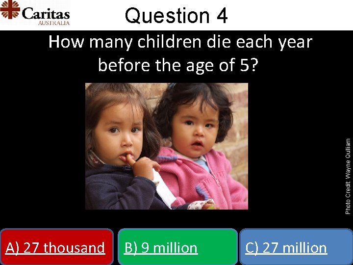 Question 4 Photo Credit: Wayne Qulliam How many children die each year before the