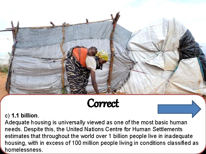 Correct c) 1. 1 billion. Adequate housing is universally viewed as one of the