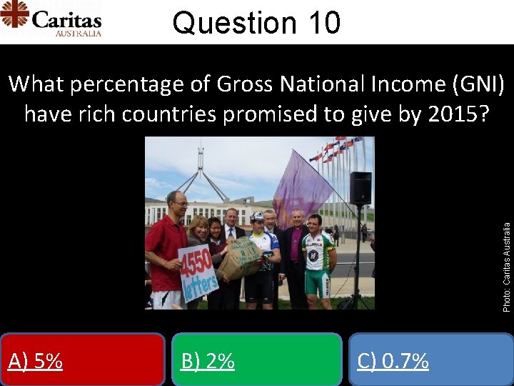 Question 10 Photo: Caritas Australia What percentage of Gross National Income (GNI) have rich