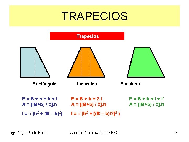 TRAPECIOS Trapecios Rectángulo Isósceles P=B+b+h+l A = [(B+b) / 2]. h P = B