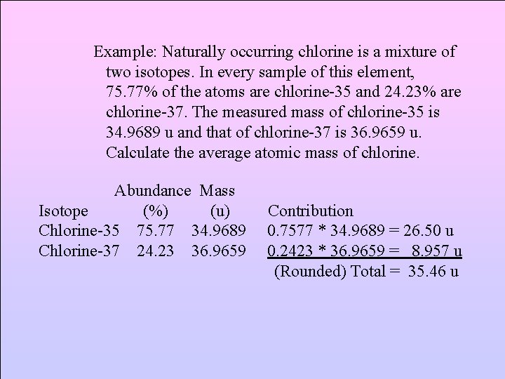 Example: Naturally occurring chlorine is a mixture of two isotopes. In every sample of
